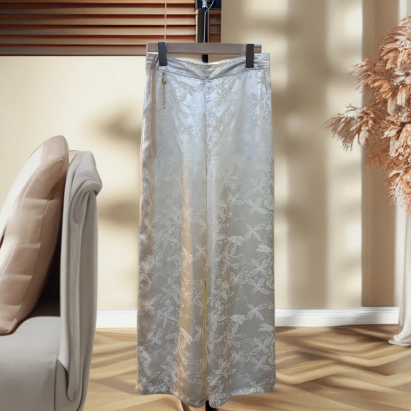 艾莲  提花花纹阔腿裤中国风透气百搭长裤