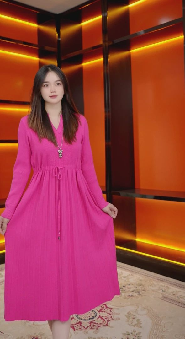 新中式V领中长裙中腰秋季连衣裙时尚女士纯色