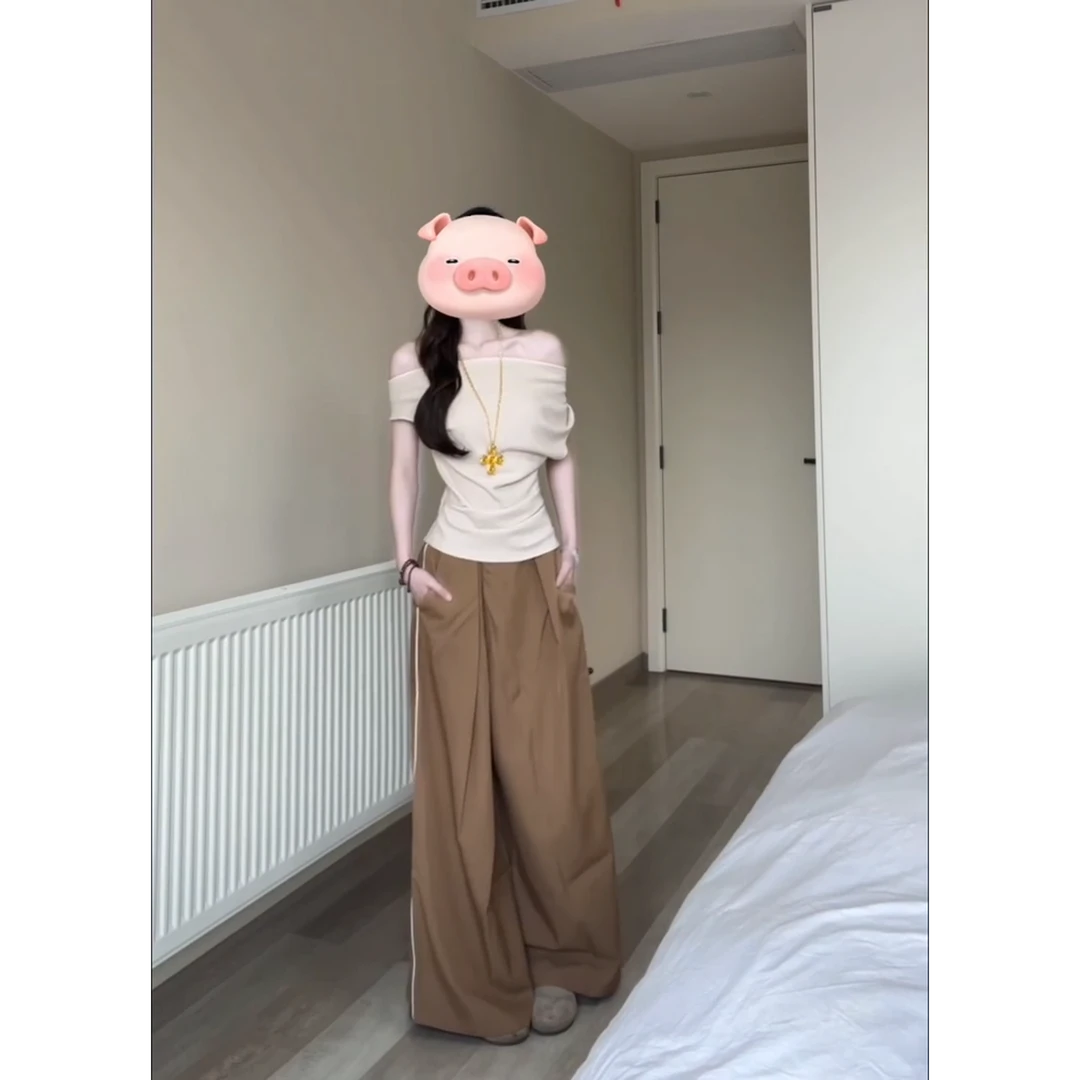 MARIE.COCO设计感小众修身显瘦一字肩上衣气质百搭休闲阔腿裤套装