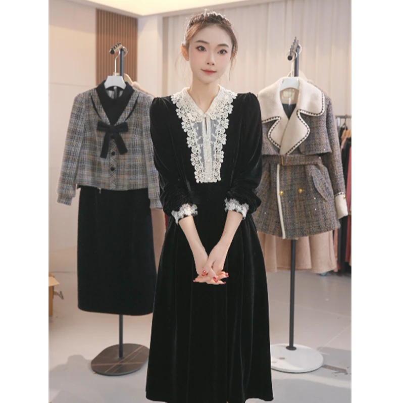 Y1808新款春秋季法式拼接长裙子黑色打底连衣裙女