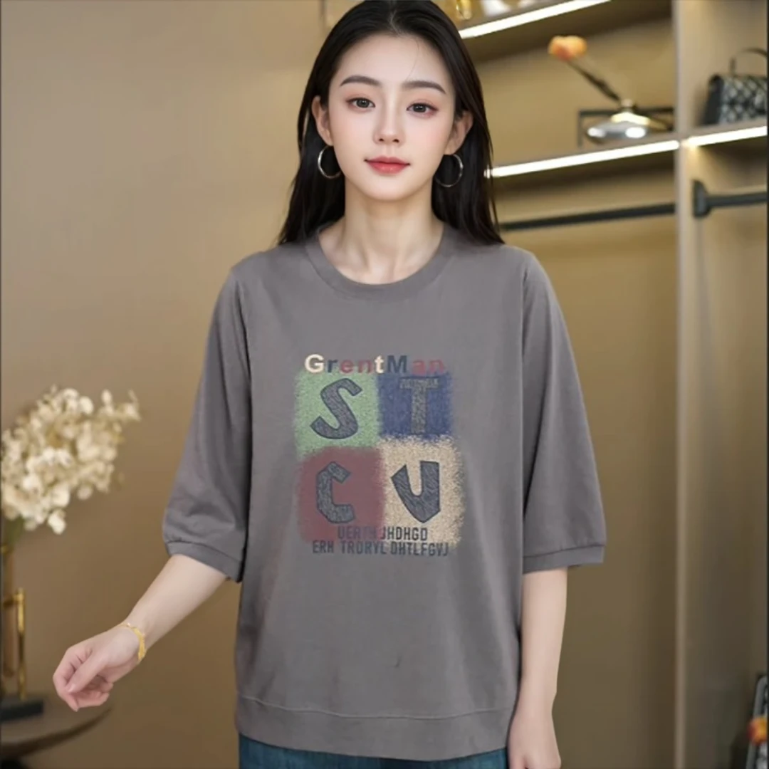 夏季印花圆领包袖常规七分袖字母T恤百搭女士半袖夏装气质宽松