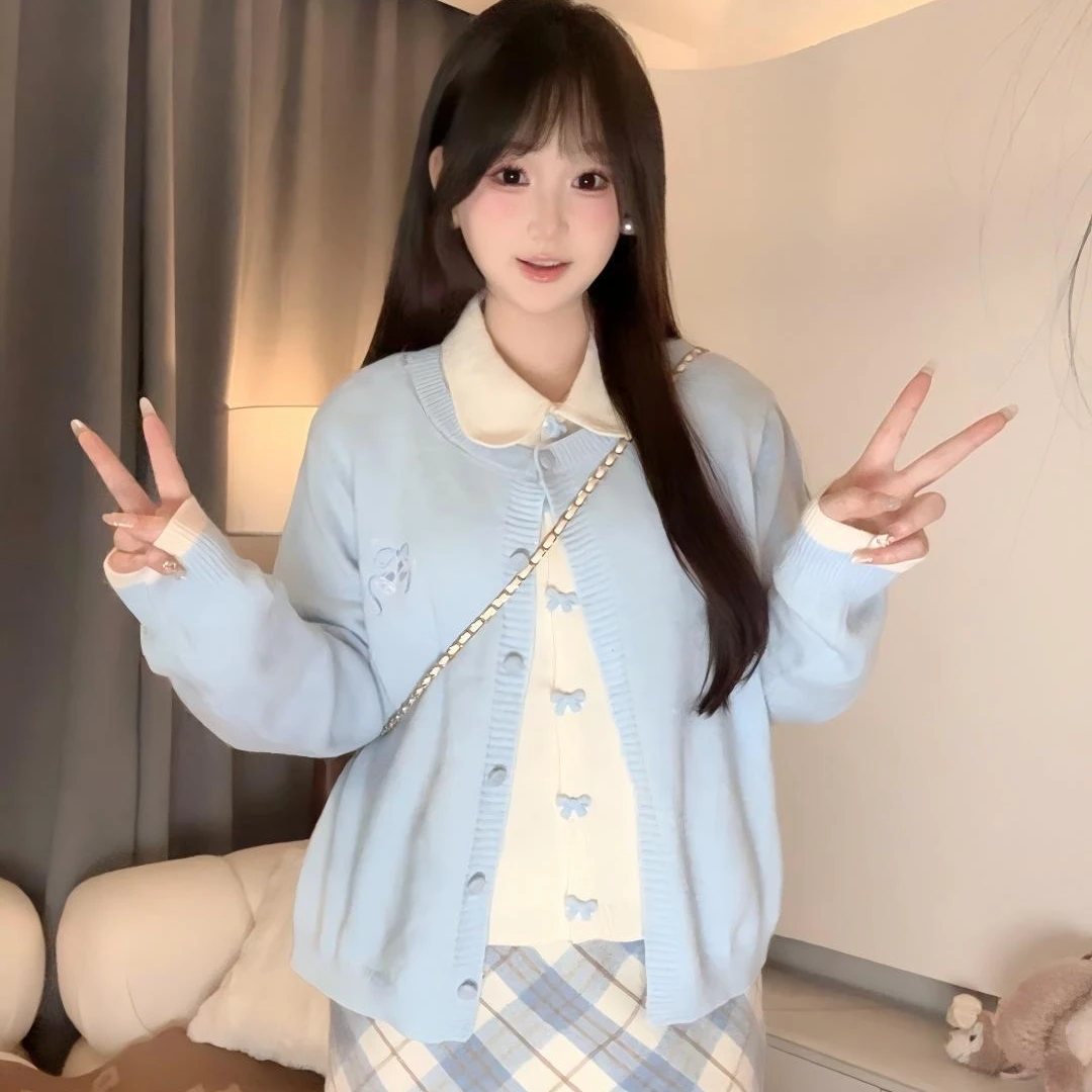 今年流行的穿搭2025秋冬新款长袖娃娃领假两件针织衫甜美显瘦上衣