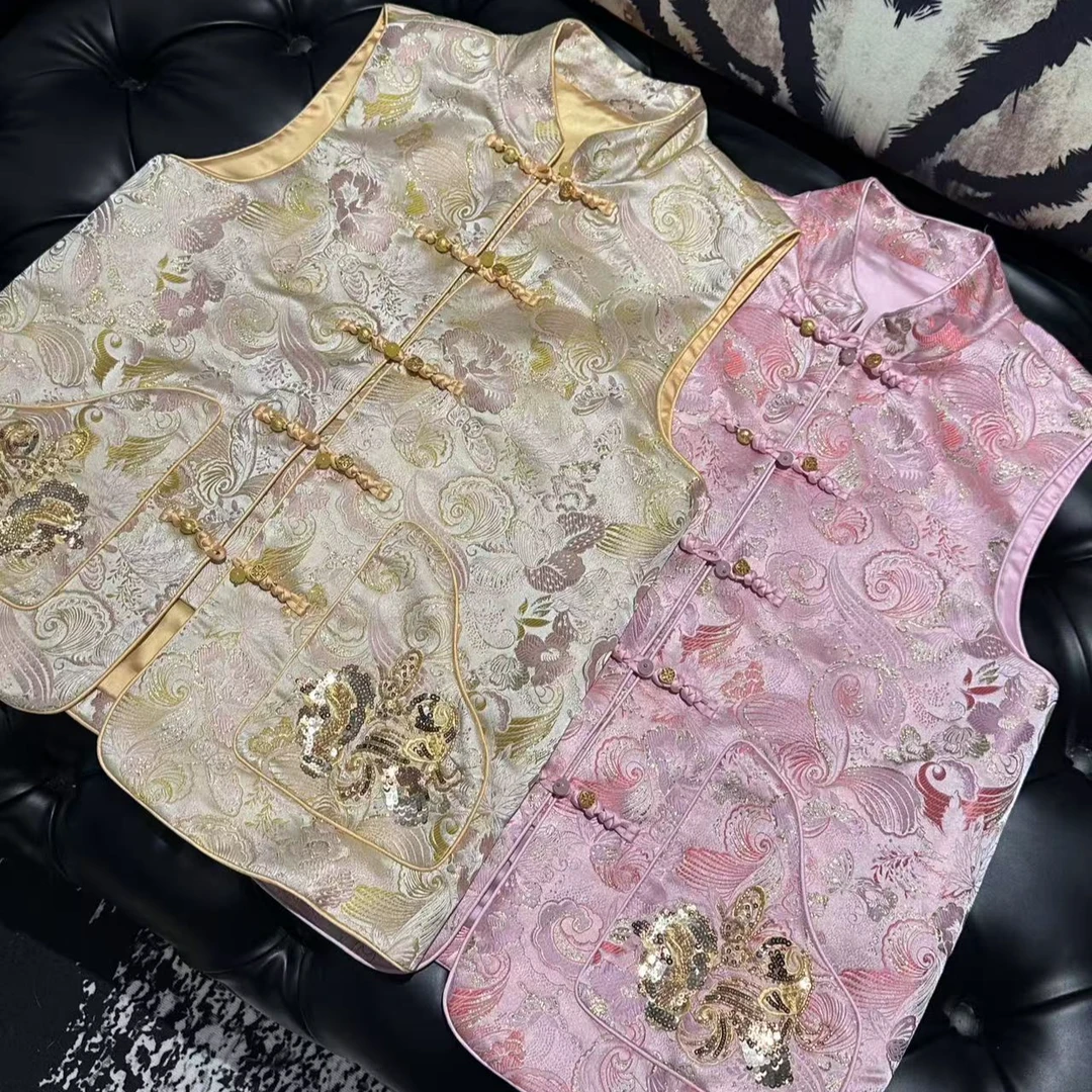 DOUWU【北国雪夜】粉黄两色金盘扣满身刺绣马甲MJ13272