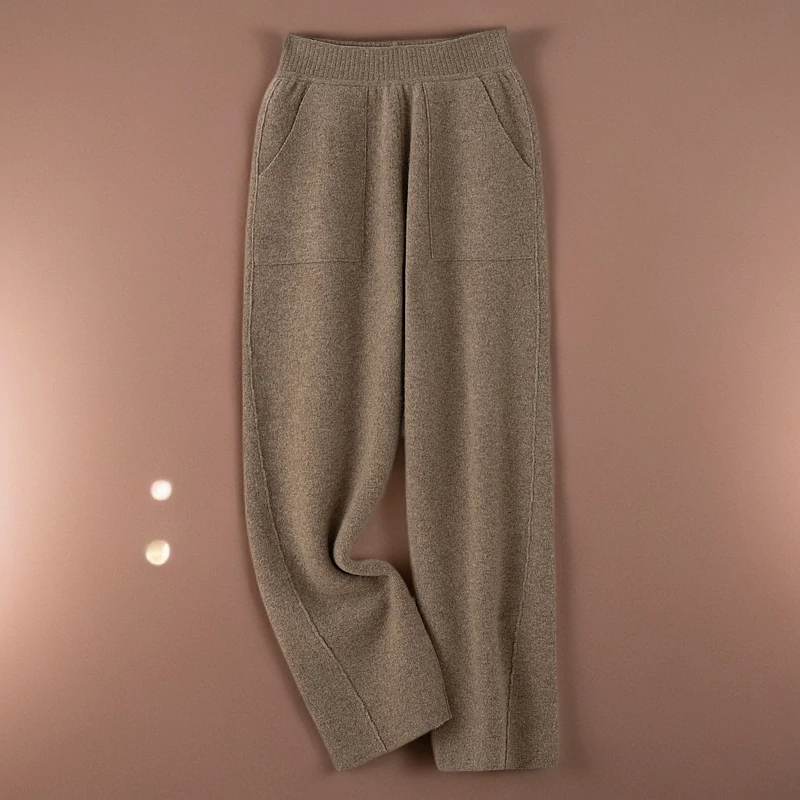 100%纯羊毛针织休闲裤休闲纯色百搭女士小脚裤秋冬新款带兜羊毛裤