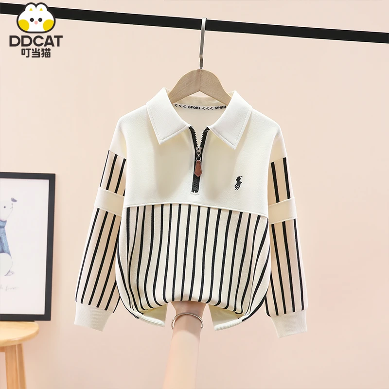 叮当猫男童卫衣春秋装2025新款洋气中大童男孩条纹拉链长袖打底衫