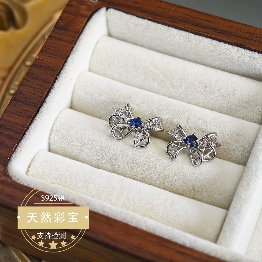 天然蓝宝石耳钉小众S925银高贵高级耳饰品生日礼物简约蝴蝶结
