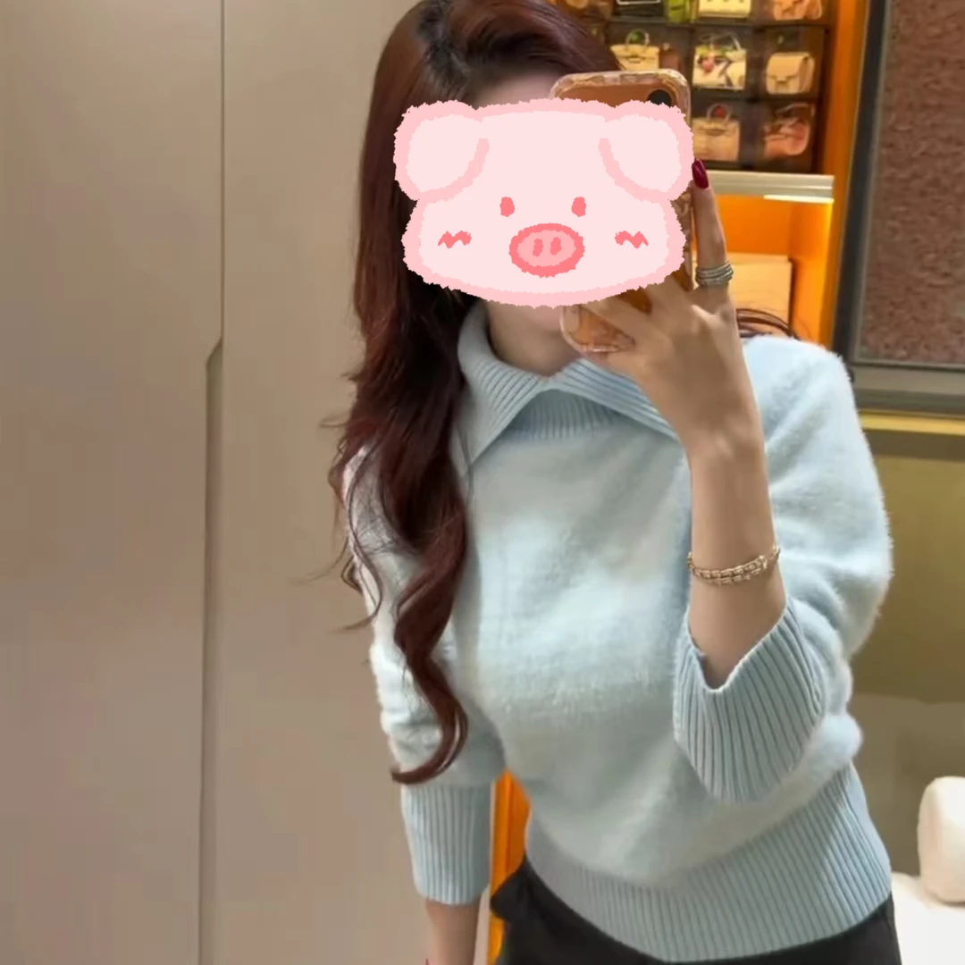 法式温柔风翻领套头毛衣慵懒感软糯内搭打底衫长袖上衣#B2533