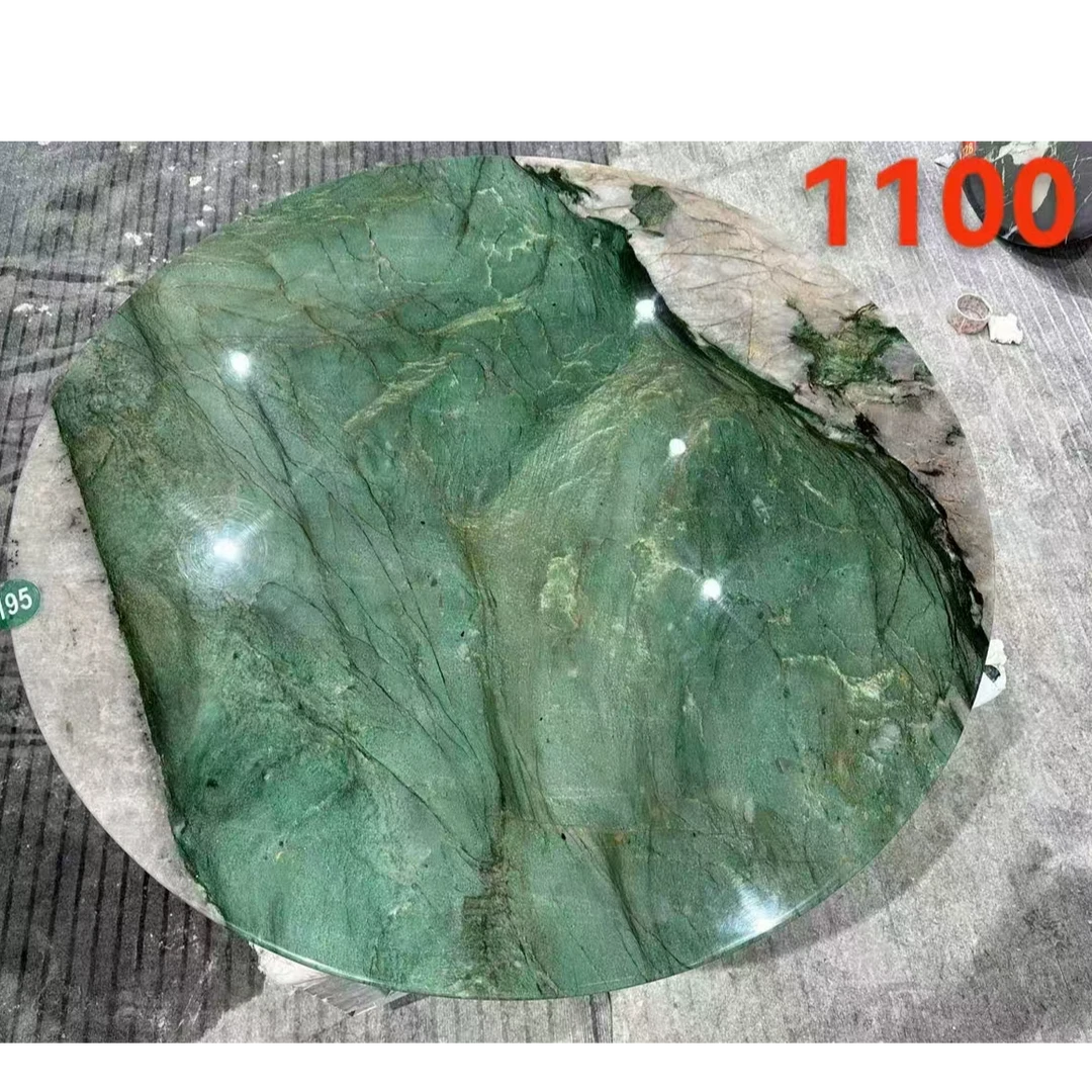 纯天然大理石边几圆桌圆形奢石茶几绿色客厅百搭翡翠蓝翡翠潘多拉