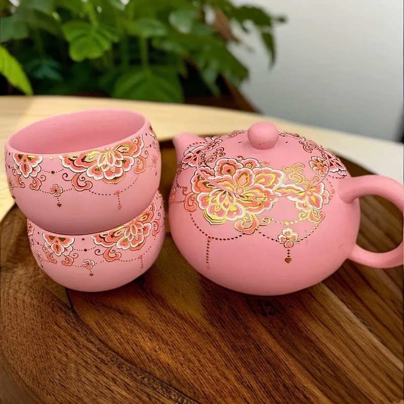 紫砂壶金牡丹凤鸣壶纯手工珐琅彩描金主人杯高档可爱陶瓷大号茶壶