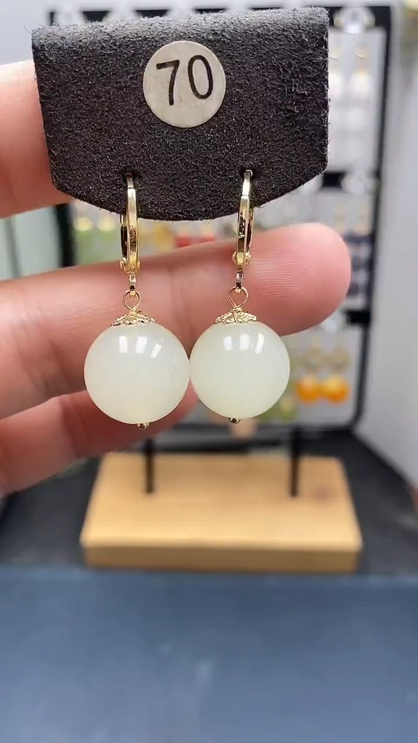 银S925镀金镶嵌和田玉耳饰尺寸14mm耳扣08