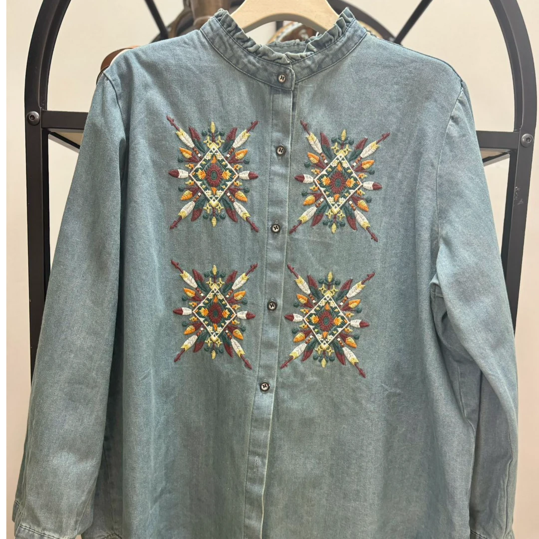 女牛仔衬衫宽松长袖时尚复古印花绣花