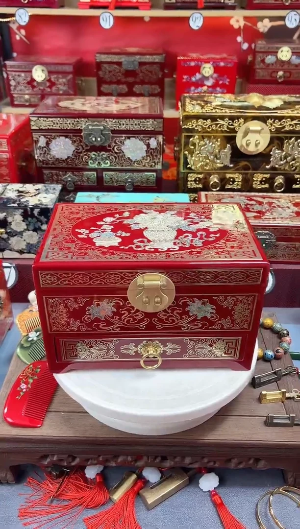 ?****晨24厘米三层单抽掐丝螺钿镶嵌酒红铜扣平安富贵