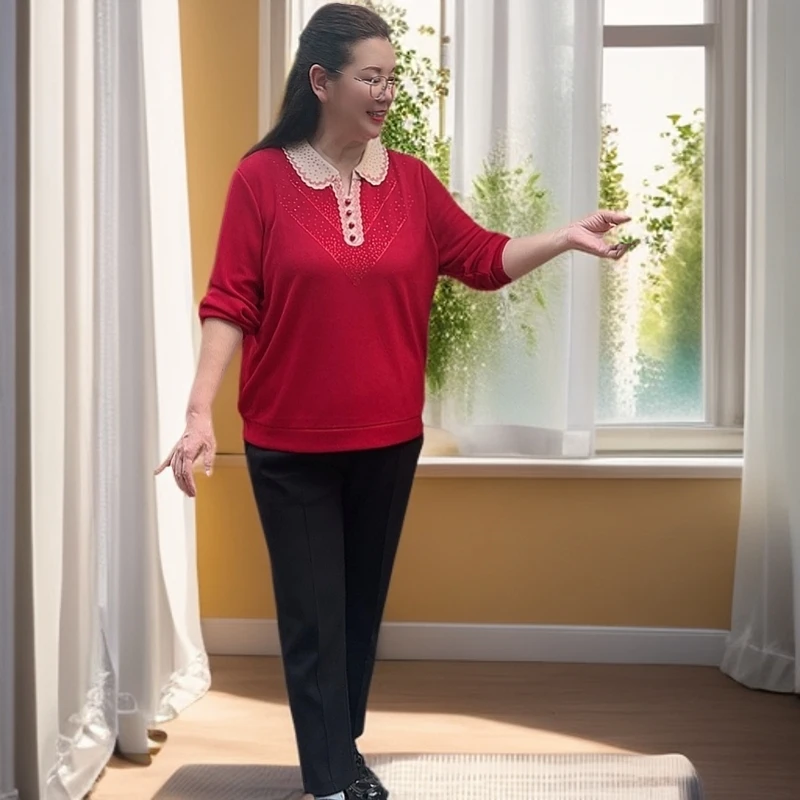 妈妈装春秋加肥200斤穿翻领针织长袖T恤时尚百搭洋气中老年小衫