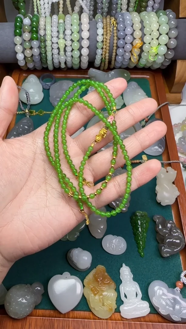 【闪购商品】和田玉无银S925镶嵌碧玉小米珠项链