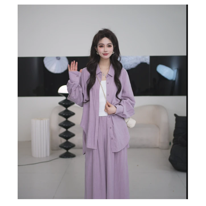Basic House/百家好TS春款高定休闲百搭衬衫长裤套装女DX379