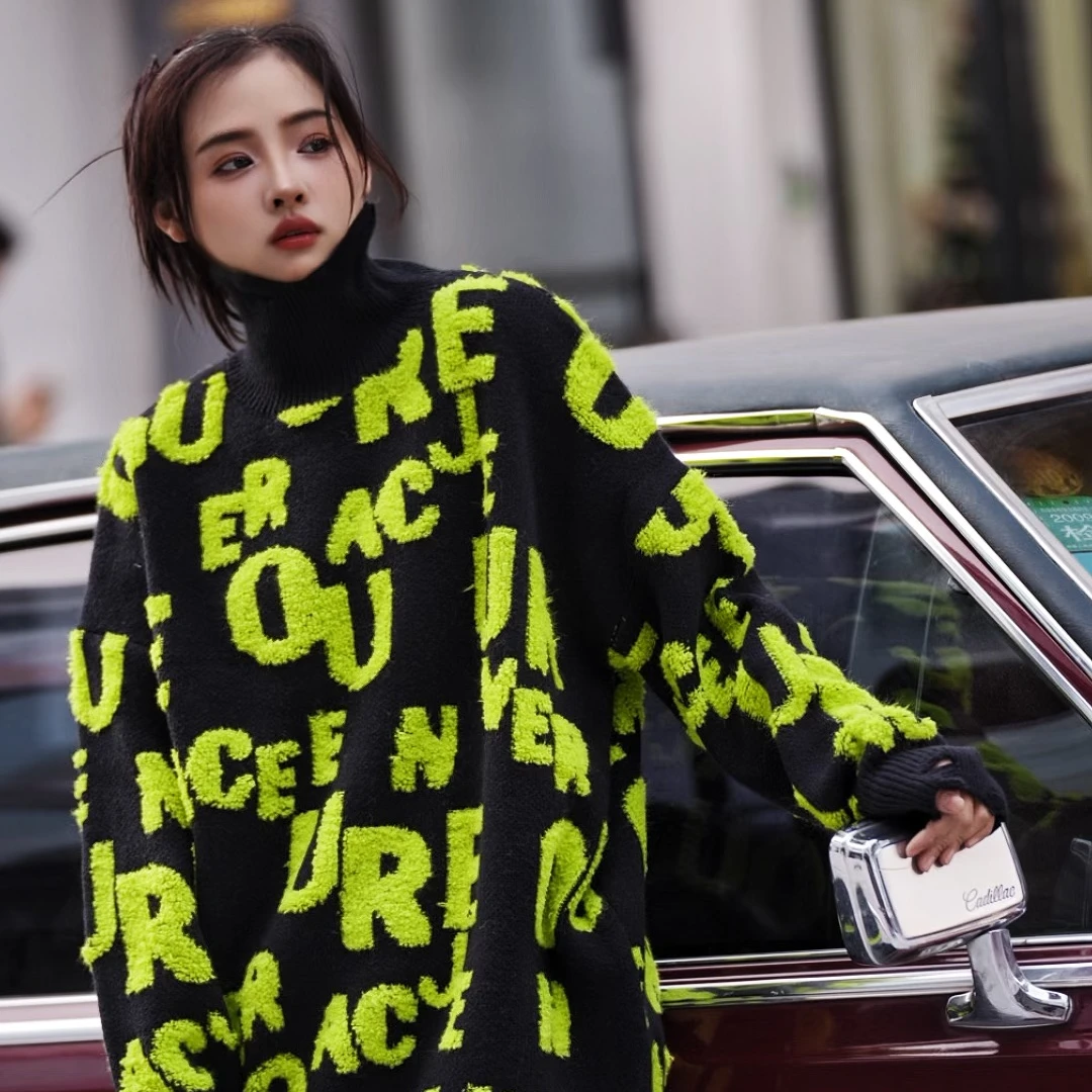 复古美式撞色喷绘做旧立领毛衣外套针织衫外秋冬潮流宽松高领