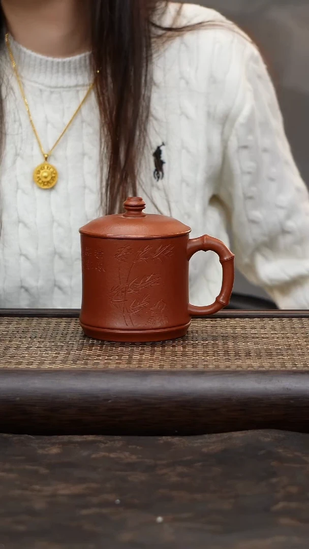 茶杯紫砂朱泥竹节暇