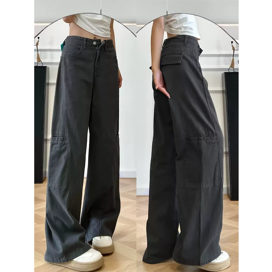 灰色阔腿工装裤女秋季新款胖妹妹mm梨型身材高腰宽松显瘦休闲裤子