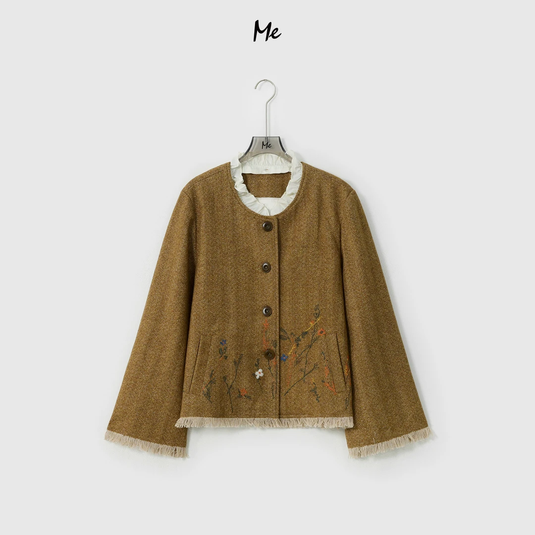 ME【小雅】绵羊毛混纺都市文艺木耳边刺绣时尚百搭休闲外套MESA0739