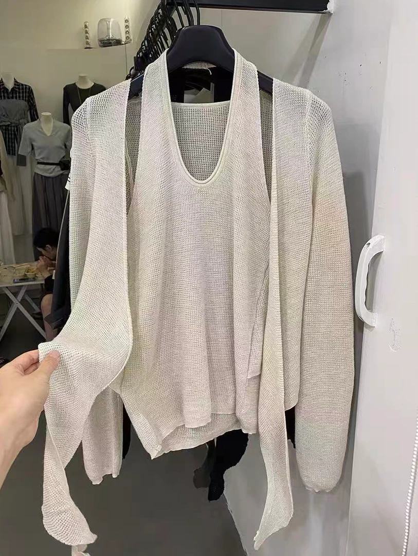 周周专属 圆领秋季薄款针织女针织衫白色上衣假两件休闲FYMT-007