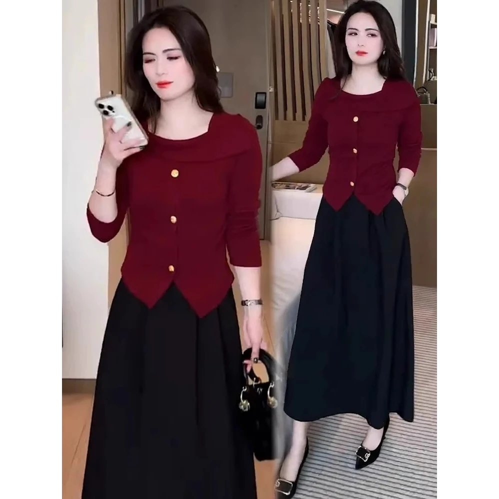 设计感小众方领T恤女2025春季新款时尚洋气百搭修身显瘦打底上衣