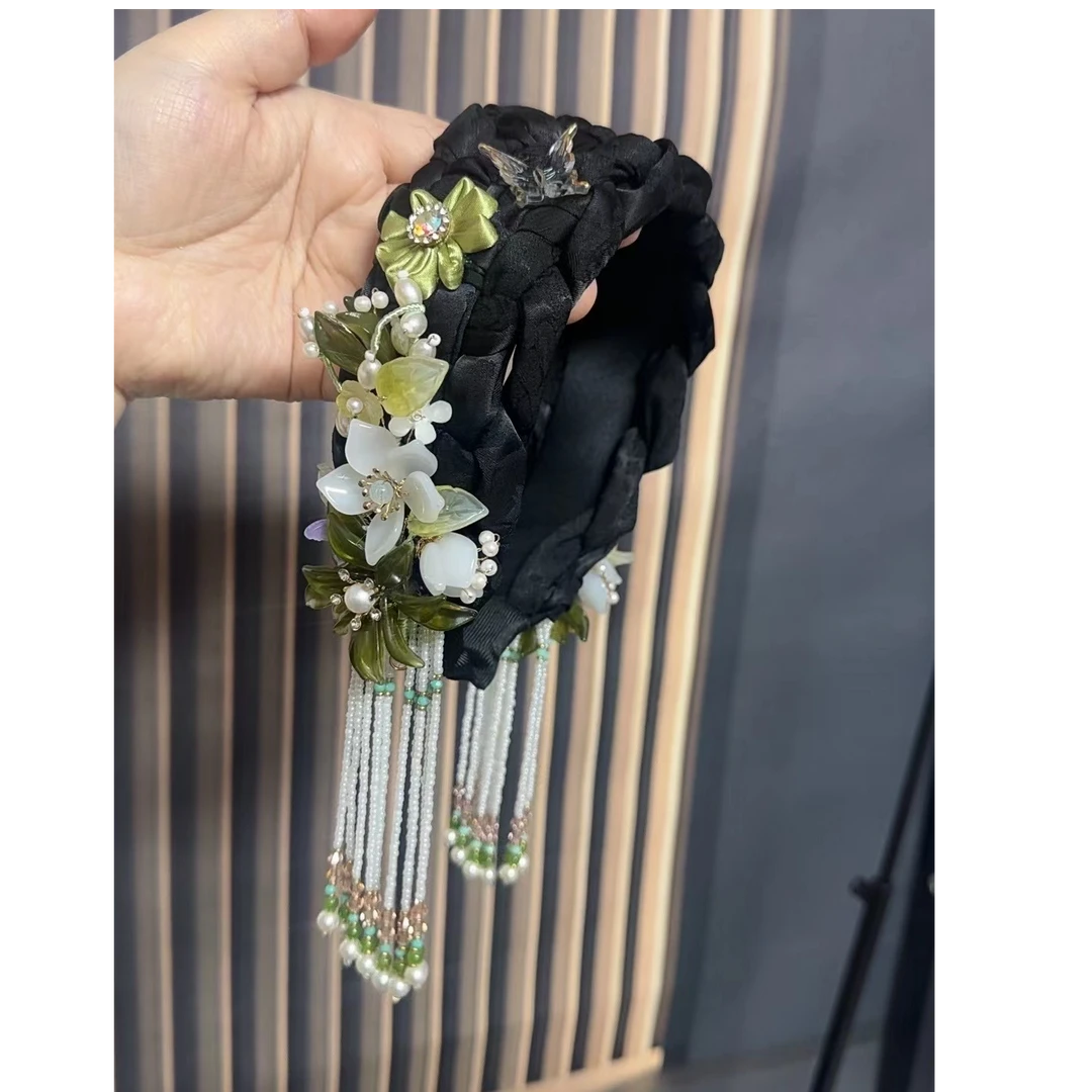 津玲【绿琉璃】原创高端流苏发箍女国风镶钻水晶发卡宽版发饰头箍