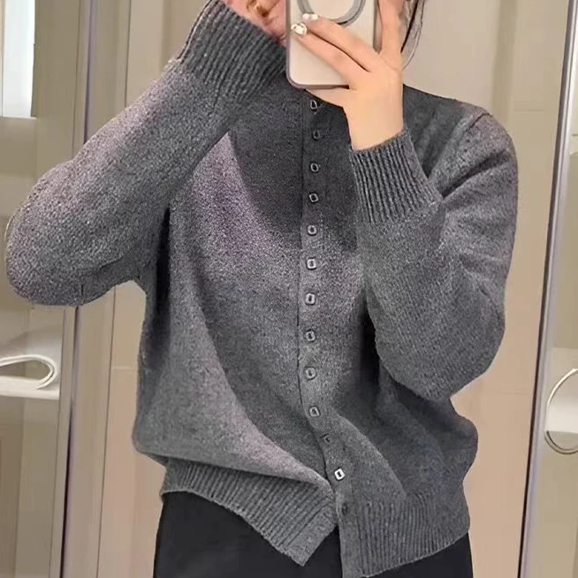 【方扣-深灰】半高领针织开衫女2024年秋冬新款软糯毛衣百搭上衣