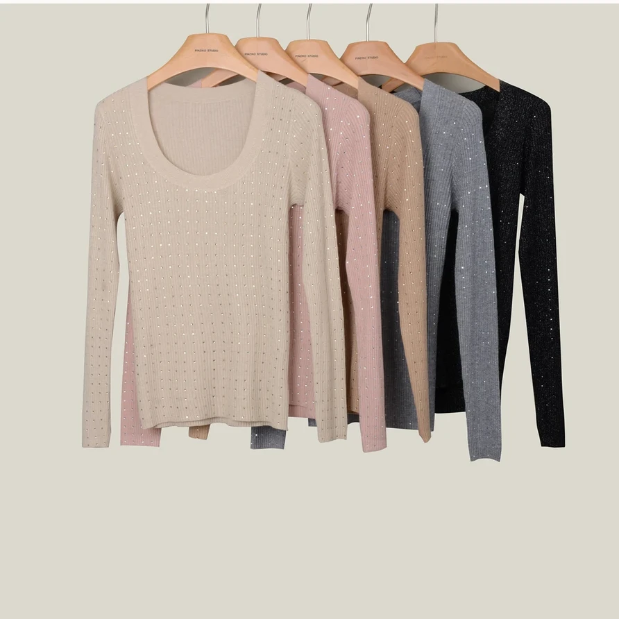 秒变纸面人~针织毛衣显瘦U领套头针织衫气质百搭重工打底衫K2-45