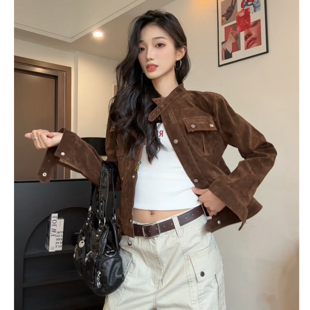 XTD 美式复古麂皮绒立领机车夹克外套女宽松显瘦短款上衣外套女