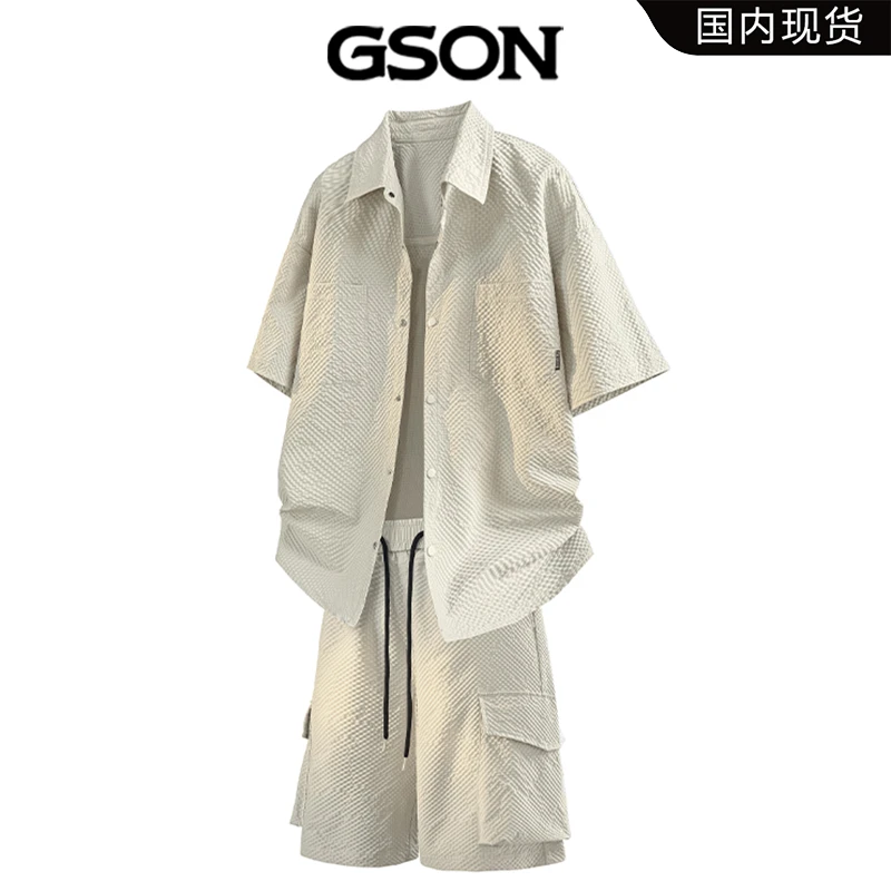 GSON美式男生夏季新款套装宽松短袖衬衫短裤透气薄款上衣情侣套装