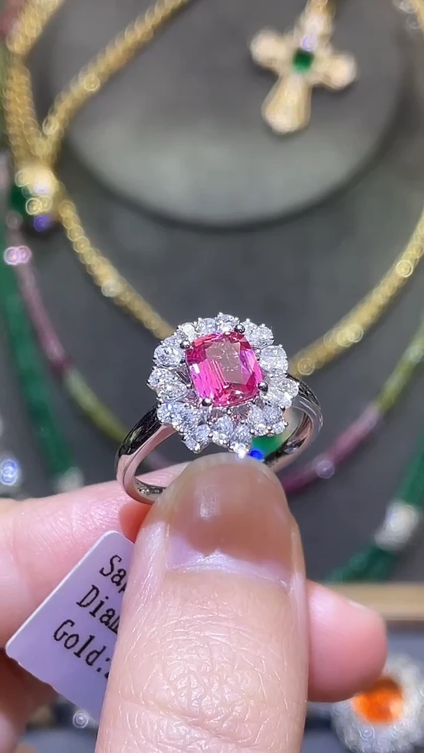 彩色蓝宝石戒指18K金镶嵌无烧帕帕拉恰 1.06ct