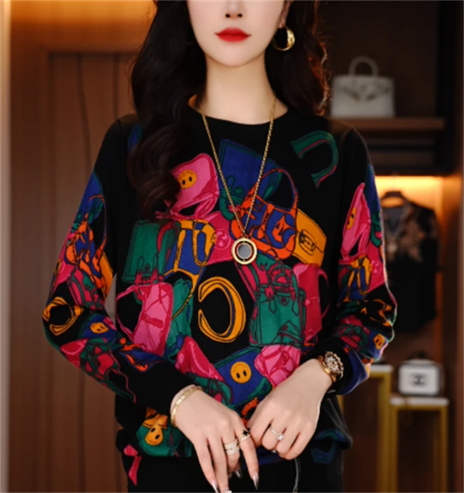 诺诗 新款针织衫女时尚显瘦优雅轻奢印花百搭套头上衣V25H9993