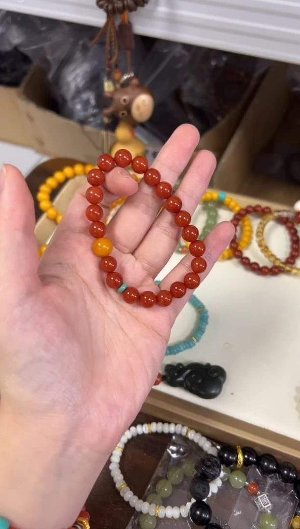 未镶嵌蜜蜡手链柿子红玛瑙蜜蜡顶珠手串8MM[1710]