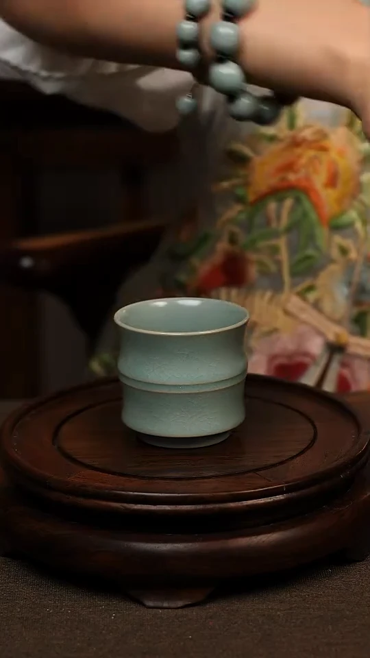 瓷片仿古天青全手竹节杯100ml 微瑕 不带礼盒