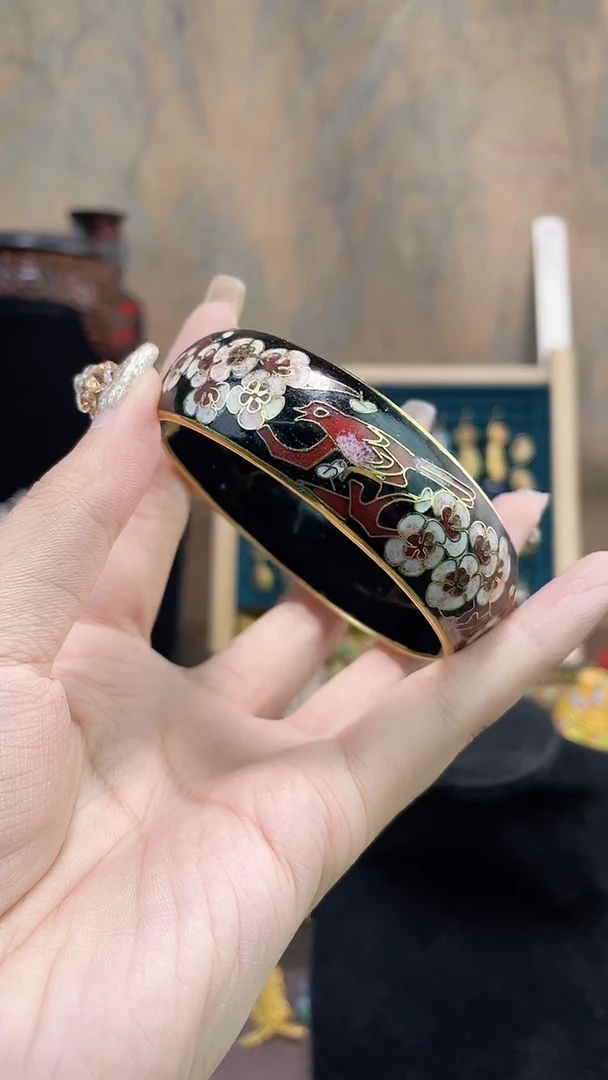 非遗手工景泰蓝开口银蓝镯子黑色
