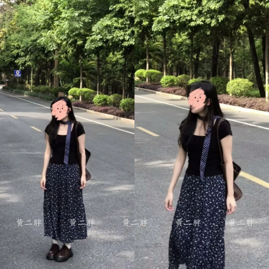 正肩短袖T恤+碎花半身裙两件套女韩系慵懒风穿搭套装2025夏季新款