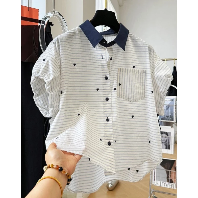 P0228韩系刺绣条纹短袖衬衫女撞色翻领气质小衫夏季薄款减龄上衣