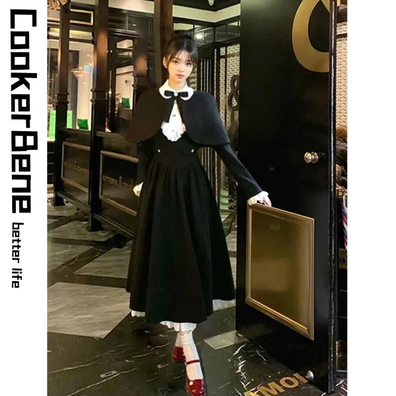 予夜诗法式复古千金风套装女秋季哥特风收腰显瘦披肩连衣裙两件套