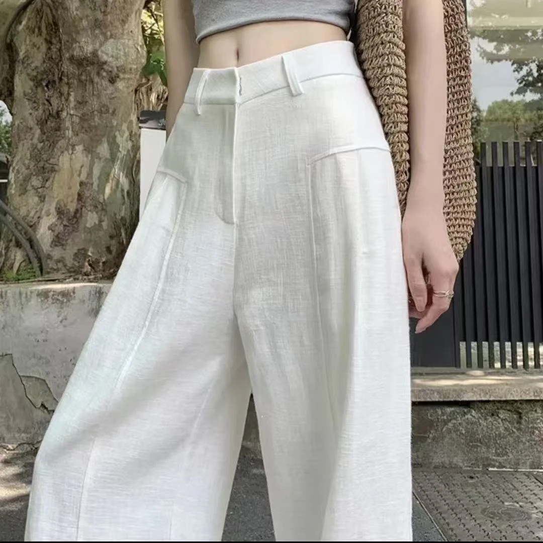 白色苎麻阔腿裤女2025夏季薄款高腰垂感老钱风西装亚麻休闲裤9966
