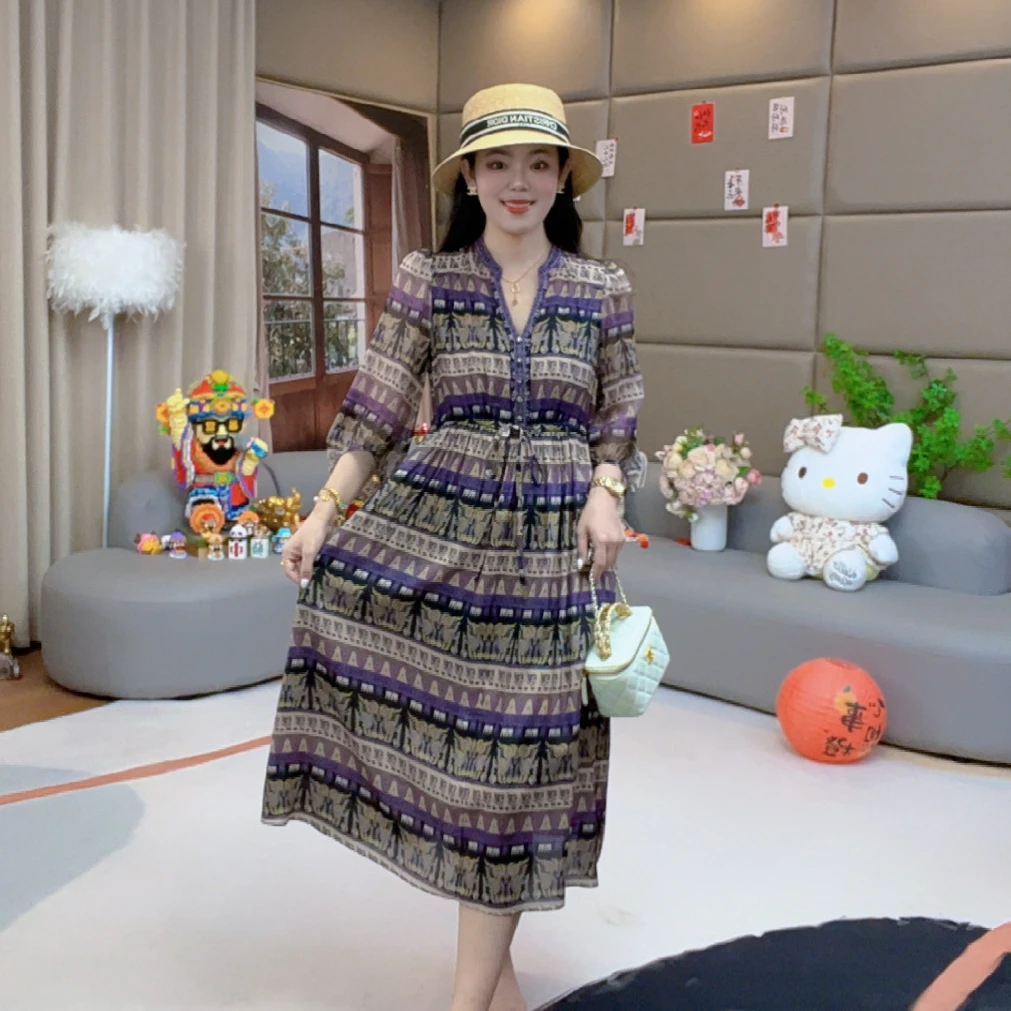 【火火精选】“皇家图腾”法式洋气温婉大方慵懒风桑蚕丝连衣裙 80171