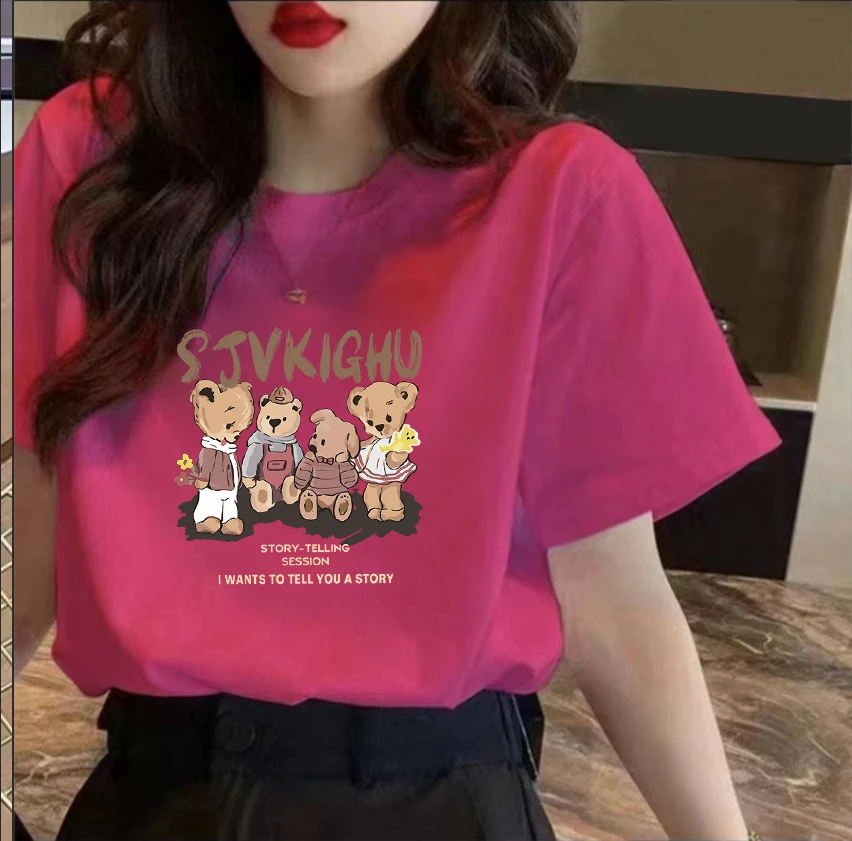 夏季时尚宽松印花潮流春夏卡通圆领设计感短袖-卡其玩偶