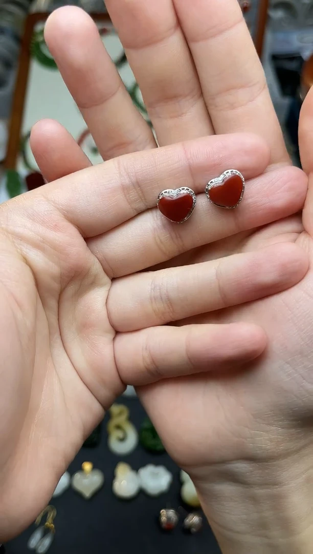 银S925镶嵌耳饰南红玛瑙珠*爱心耳钉06