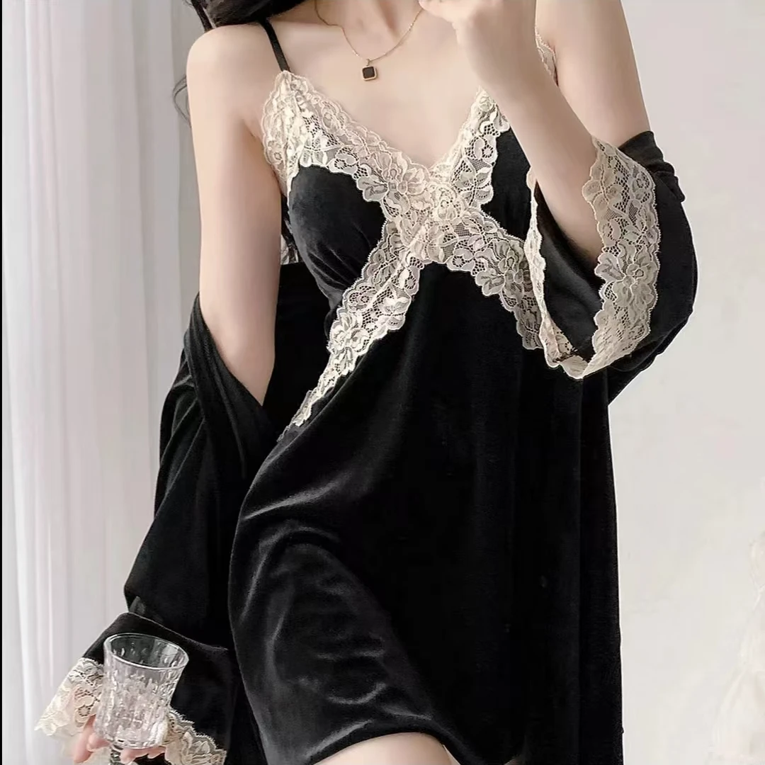 【618】男友愉悦的礼物感睡裙金丝绒秋冬款蕾丝带胸垫吊带外睡衣女