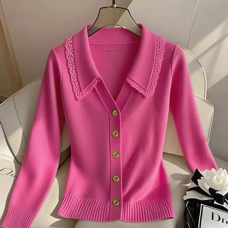 纯欲慵懒风粉色蕾丝花边针织衫早秋季新款高级感洋气长袖上衣爆款