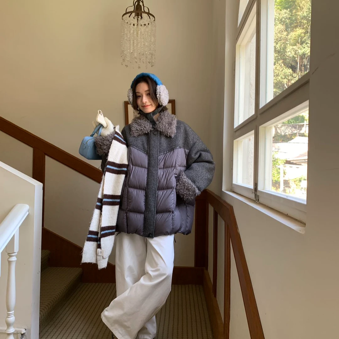 【实穿主义】892518新国标95白鸭绒滩羊毛针织披肩款羽绒服