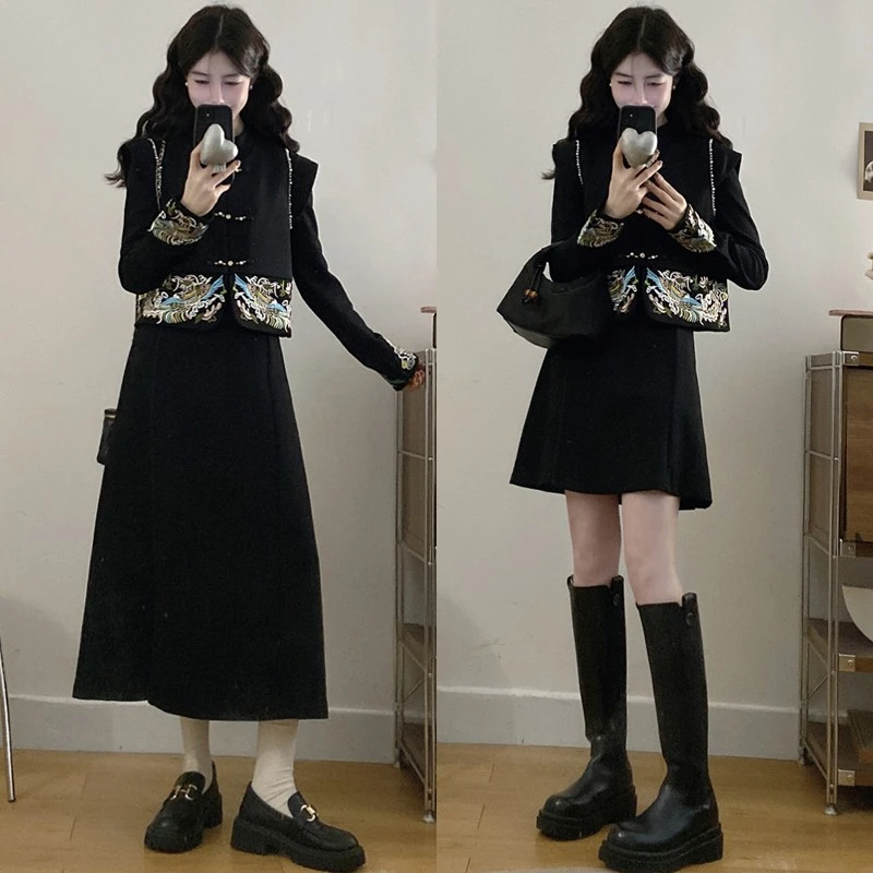 冬季新款大码胖mm新中式国风刺绣赫本风复古连衣裙马甲两件套装女