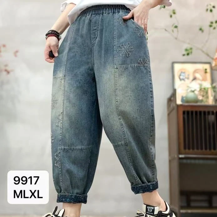 【海片】9917女士春款拼接牛仔灯笼裤休闲复古九分老爹裤