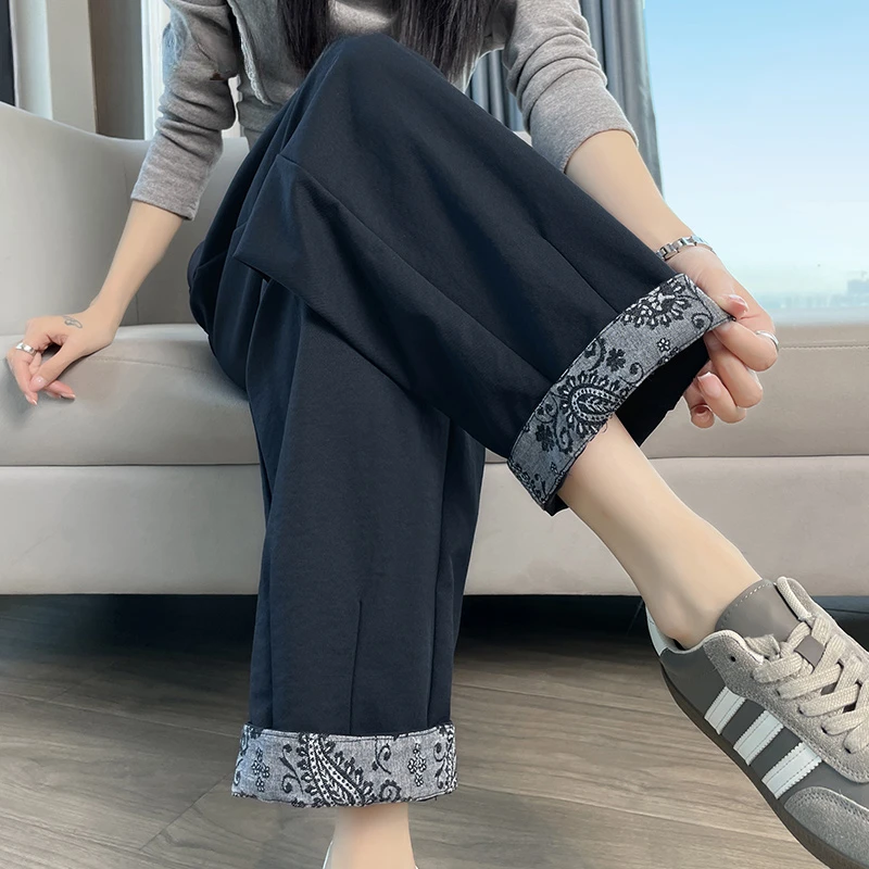 爆款翻边刺绣哈伦裤女春秋季2025新款高腰九分小个子直筒奶奶裤