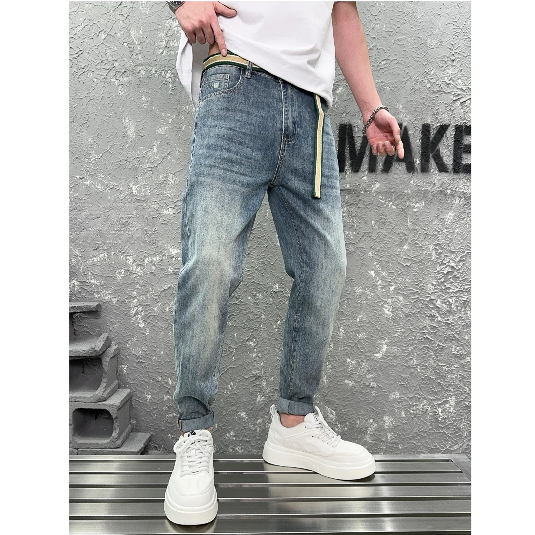 【水洗大牛柔感牛仔裤】春季新款浅色小直筒时尚弹力长裤-7111