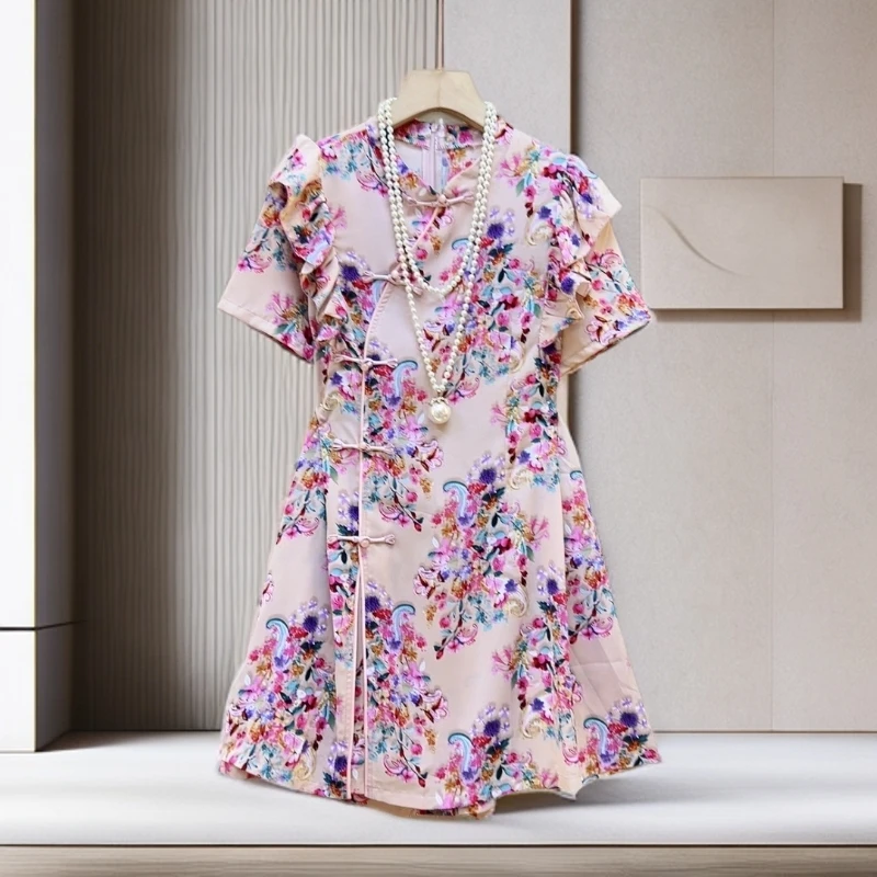 大码女装2025夏季新款时尚荷叶边碎花国风上衣短裤两件套气质9116